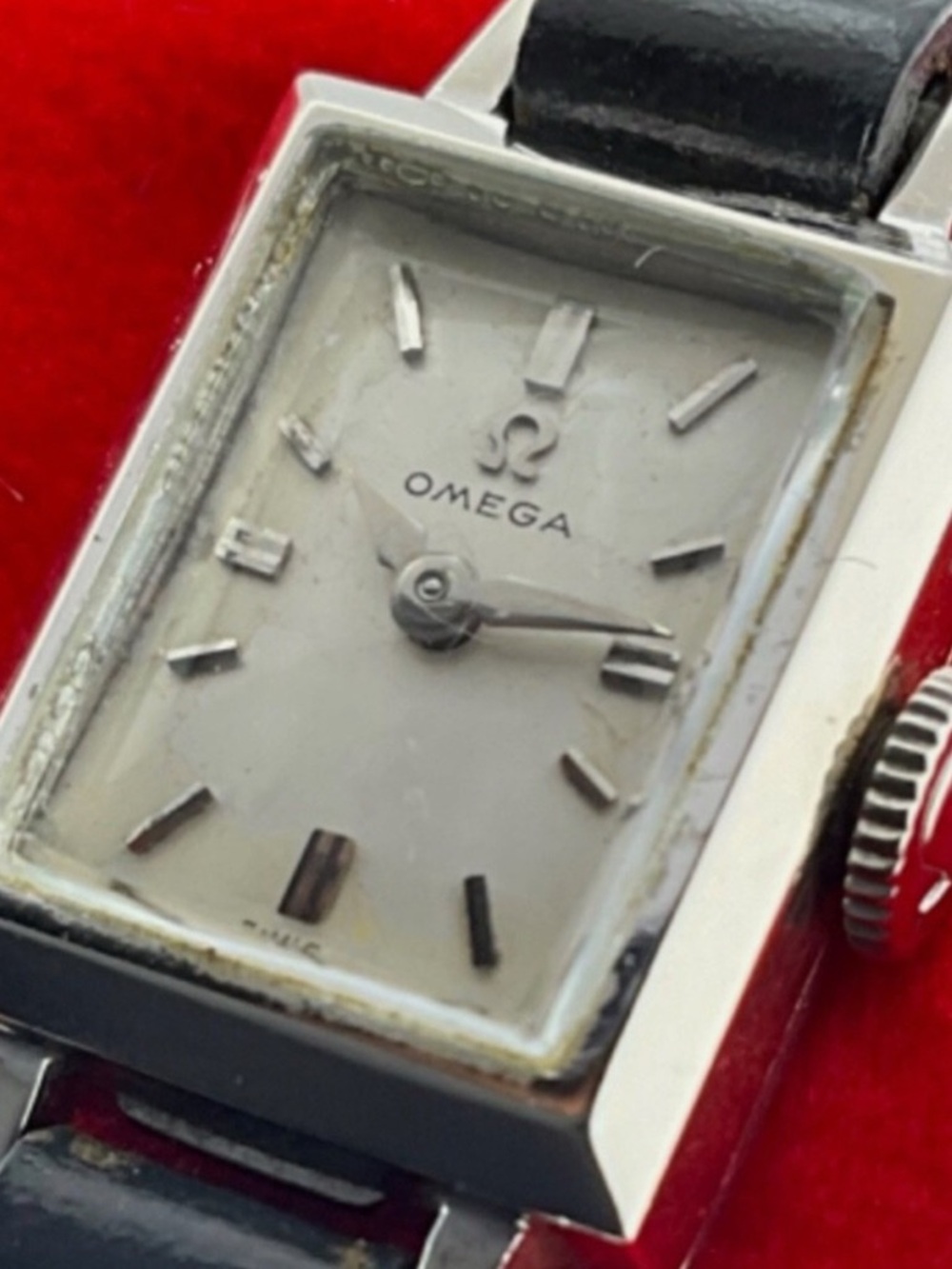 Omega Silver Dial Rectangular Watch with Black Strap